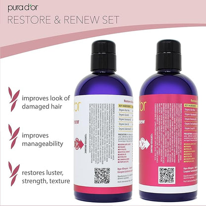 PURA D'OR Restore & Renew Shampoo and Conditioner Set for Strong, Healthy, and Nourished Hair with Organic Aloe Vera, Rosemary, Sea Buckthorn, Cacay, Coconut, Seaberry & Cedarwood