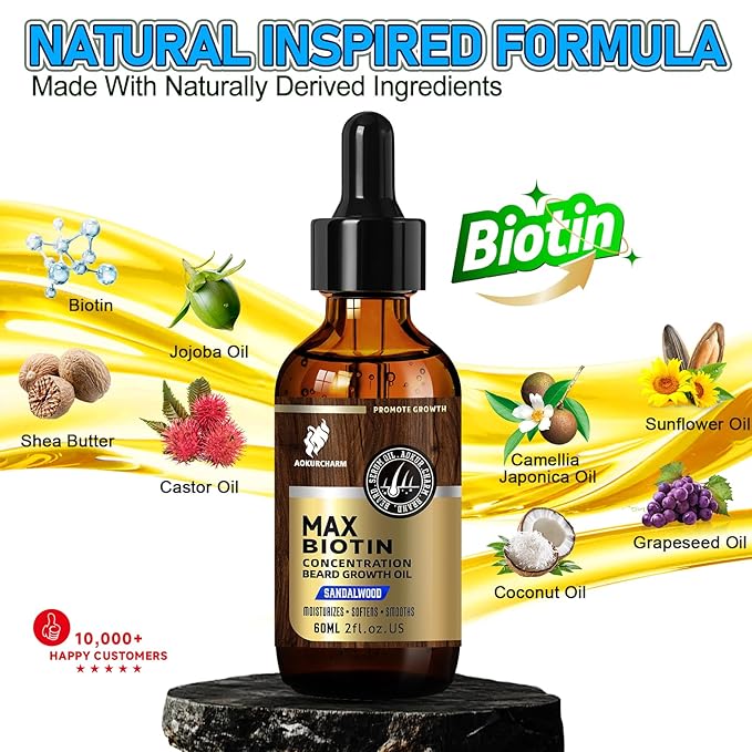 Biotin Beard Oil for Men – Sandalwood Scented Beard Growth Oil with Castor, Vitamin B5 & Grape Seed – Soften & Tame Coarse Beards – Natural Grooming Gift for Him – 2 oz