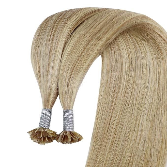 YoungSee K Tip Hair Extensions Human Hair Blonde Highlight Ktip Human Hair Extensions Golden Blonde Highlight 16inch 50s/50g