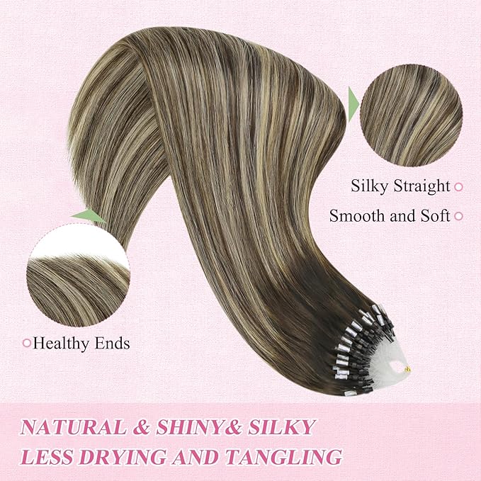 YoungSee Microlink Hair Extensions Human Hair Balayage Microloop Hair Extensions Human Hair Dark Brown Roots Ombre Blonde Bead Hair 18In 50g 50s Remy Extensions for Thin Hair