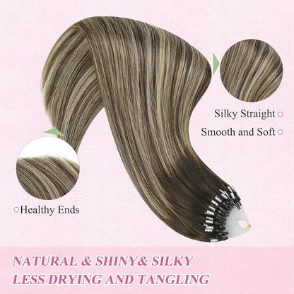 YoungSee Microlink Hair Extensions Human Hair Balayage Microloop Hair Extensions Human Hair Dark Brown Roots Ombre Blonde Bead Hair 18In 50g 50s Remy Extensions for Thin Hair
