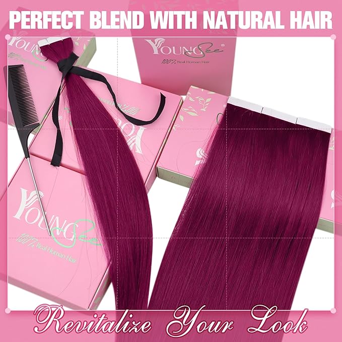 YoungSee Tape in Hair Extensions Human Hair Magenta 10pcs 20g Invisible Tape in Hair Extensions Human Hair Red 12 Inch Magenta Hair Extensions Tape for Short Hair Colorful Hair Extensions for Party