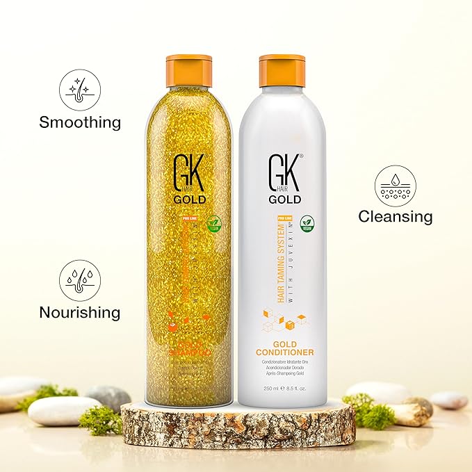 GK Hair Gold Shampoo and Conditioner Set for Daily Use Gentle Fragrance with Keratin Argan Oil Aloe Vera and Shea Butter Hydrates Adds Shine Reduces Frizz for Dry and Damaged Hair