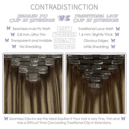 Lacer Human Hair Clip in Extensions 7Pcs 20 Inch Seamless Clip in Hair Extensions Highlignt Warm Brown to Dark Caramel Blonde Invisible PU Skin Weft Natural Human Hair 110Grams 18 Clips