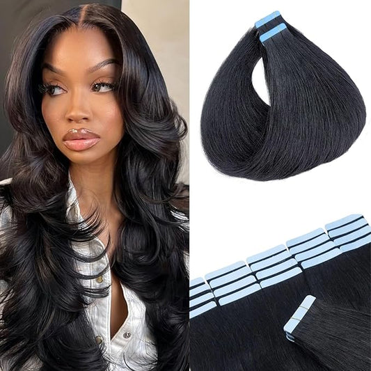 Black Tape in Hair Extensions Human Hair Invisible Silky Soft Hair Extensions Tape in Remy Human Hair 16 Inch 20PCS 30G