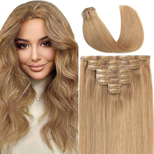 Lacer Clip In Hair Extensions Real Human Hair 14 Inch 8 Pcs Remy Seamless Clip In Hair Extensions Light Brown Real Human Hair 115G