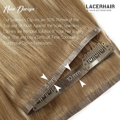 Lacer Hair Extensions Clip in Human Hair 16inch Light Brown Fading to Platinum Blonde 100% Human Hair Clip in Hair Extensions 7pcs 110g with 16 Clips Real Remy Human Hair