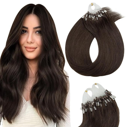 Micro Link Hair Extensions Human Hair Micro Bead Extensions Micro Loop Micro Ring Human Hair Extensions for Women Silky Straight Natural 50g/100 Stands 24" Dark Brown