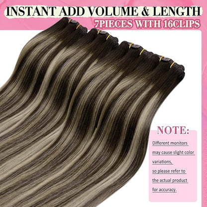 YoungSee 150G Clip in Hair Extensions Real Human Hair Brown Balayage Hair Extensions Clip ins Chocolate Brown with Ash Blonde Balayage Silky Clip on Hair Extensions Human Hair 24inch 7pcs