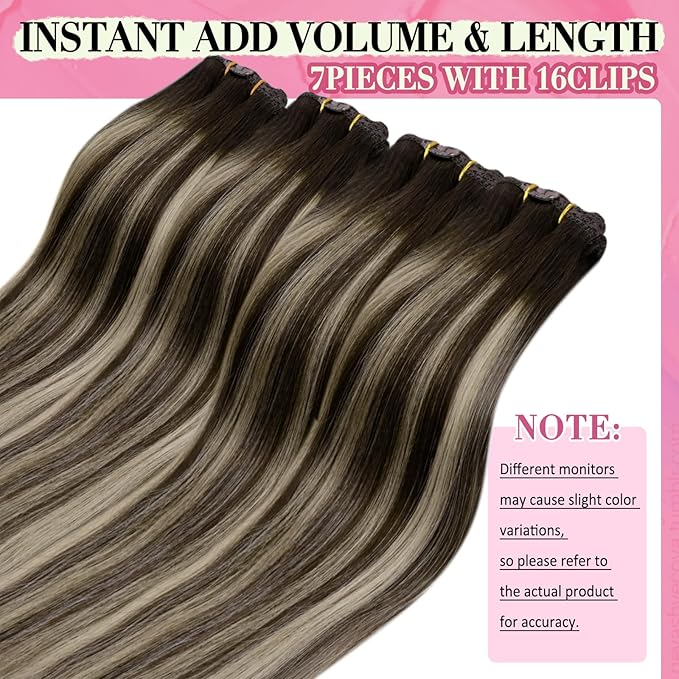 YoungSee 135G Clip in Hair Extensions Brown Balayage Clip in Extensions Real Human Hair Chocolate Brown with Ash Blonde Balayage Regain Confidence 16Inch 7pcs