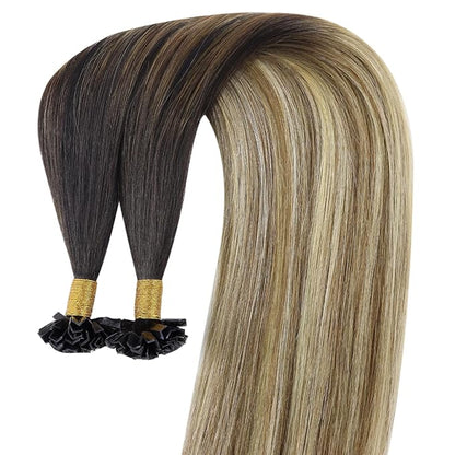 YoungSee K Tip Hair Extensions Real Human Hair Balayage Ktip Extensions Ombre Dark Brown Roots to Blonde K Tips Human Hair Extensions for Long Hair 24Inch 50s/50g Pre Bonded Hair Extensions Add Length