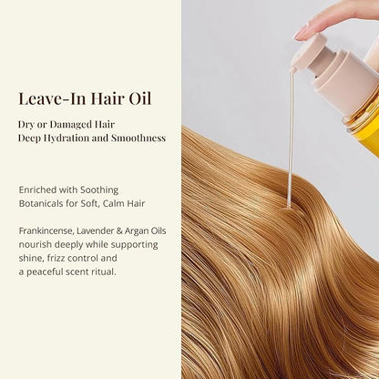 Leave-In Hair Oil with Frankincense & Lavender – Natural Essential Oil Aroma, Intensive Hydration & Frizz Control for Dry & Damaged Hair – Lightweight No-Rinse Oil, 3.4 fl oz (100ml)