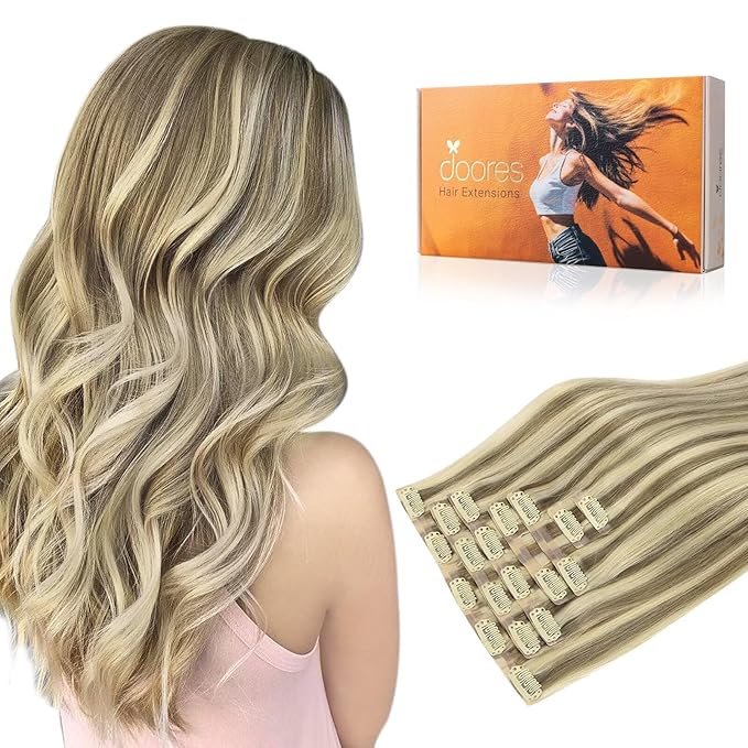 DOORES Clip in Hair Extensions, Light Brown Highlighted Medium Blonde Human Hair Extensions 22 Inch 150g 7pcs, Virgin Hair Extensions Silky Straight Thick Weft