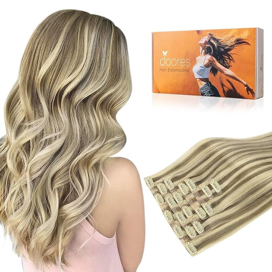 DOORES Clip in Hair Extensions, Light Brown Highlighted Medium Blonde Human Hair Extensions 22 Inch 150g 7pcs, Virgin Hair Extensions Silky Straight Thick Weft