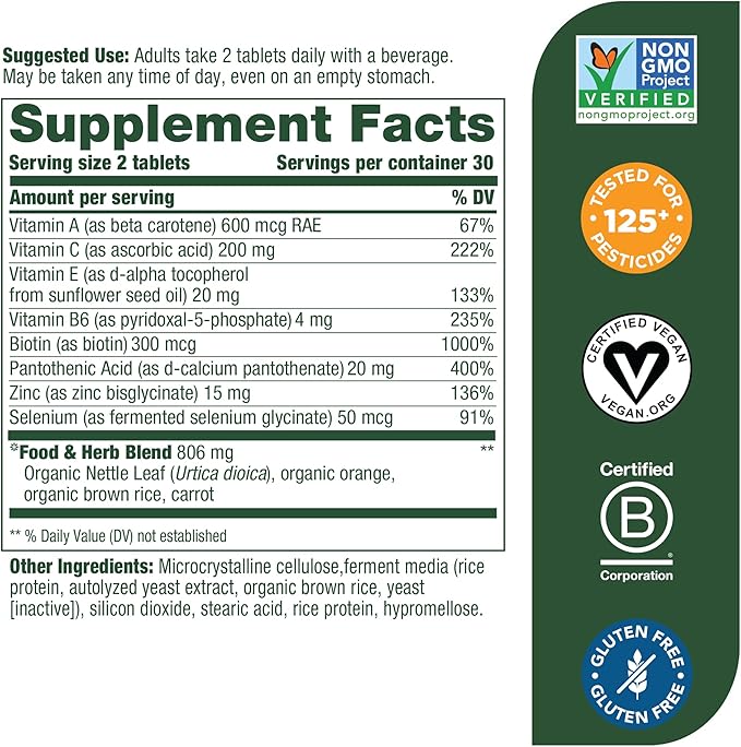 MegaFood Skin, Nails & Hair 2 - Vitamins for Women & Men - Biotin, Vitamin A, C, Zinc, B6, E, Pantothenic Acid - Vegan - Made Without 9 Food Allergens - 60 Tabs (30 Servings)