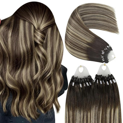 YoungSee Micro Loop Hair Extensions Real Human Hair Balayage Microlink Hair Extensions Dark Brown Ombre Blonde Beaded Hair Extensions for Women 16In 50g 50s Pre Bonded Hair Extensions