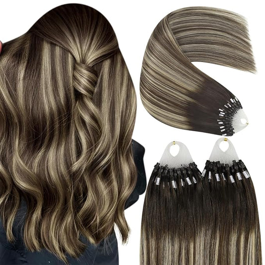 YoungSee Micro Beads Hair Extensions Balayage Micro Hair Extensions Human Hair Ombre Dark Brown to Blonde Micro Loop Hair Extensions for Short Hair 14 Inch 50g 50s Bead Hair Extensions Real Human Hair
