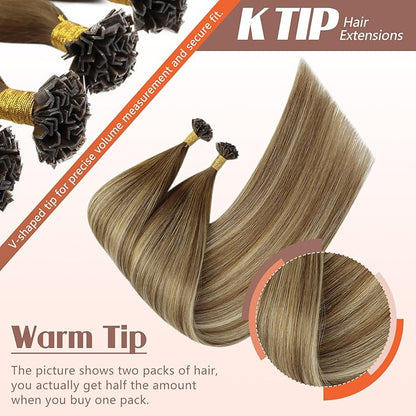 Sunny Hair K Tip Hair Extensions Real Human Hair Chestnut Brown to Platinum Blonde Balayage Keratin Human Hair Extensions 18inch Keratin Bond Hair Extensions Soft 50g