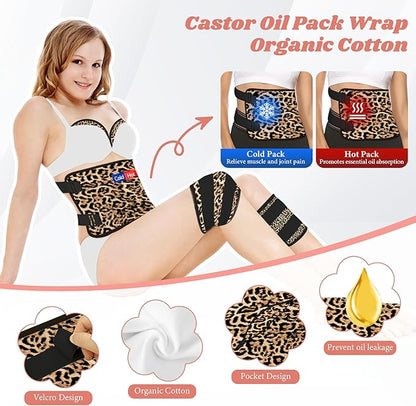 12 Pcs Castor Oil Pack Wrap, Reusable Castor Oil Pack Kit Organic Cotton for Shoulder Hands Neck Waist Chest Knees and Feet, Adjustable Compress Pads for Entire Body, Machine Washable Anti Oil Leak