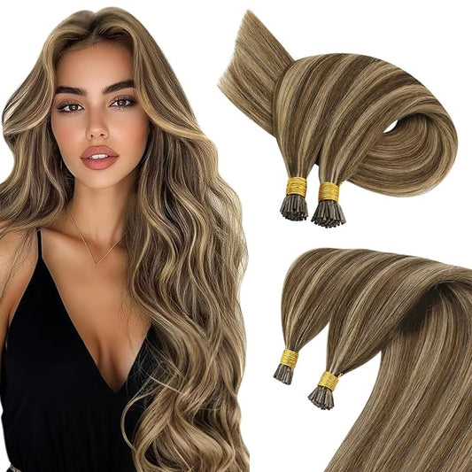 Sunny Hair Itip Human Hair Extensions Short I Tip Hair Extensions Real Human Hair Dark Brown Highlight Caramel Blonde Cold Fusion Soft Pre Bonded for Party 14inch 50g