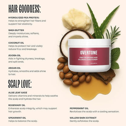 Overtone Color Depositing Semi-Permanent Hair Dye Conditioner - 8 oz For Natural & Color-Treated Hair, Moisturizing Shea Butter & Coconut Oil - Vegan & Cruelty-Free, Pink for Brown is now Raspberry