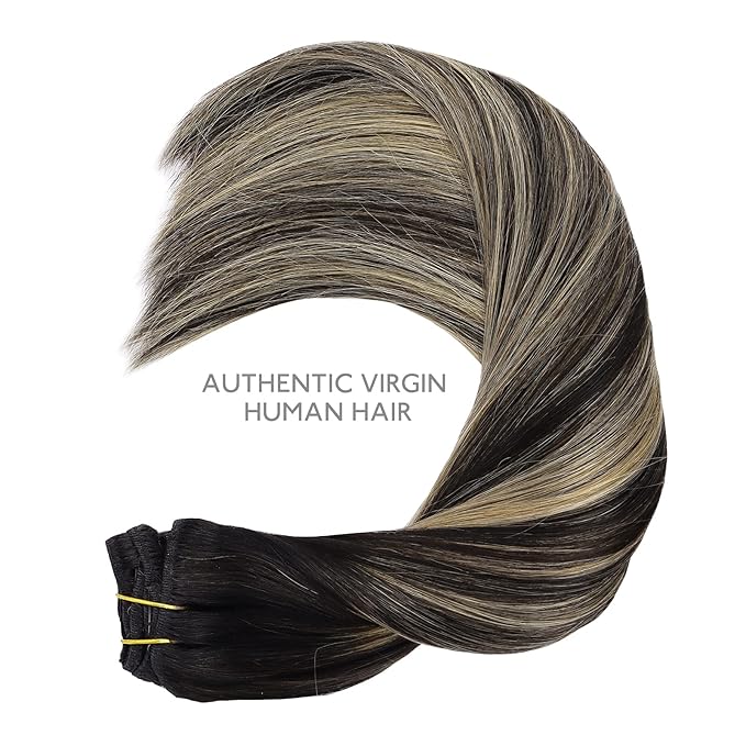 WENNALIFE Clip in Human Hair Extensions, 18 Inch 120g 7pcs Balayage Natural Black to Light Blonde Hair Extensions Remy Real Human Hair Double Weft