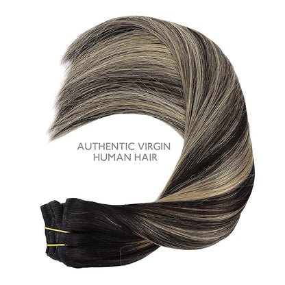WENNALIFE Clip in Human Hair Extensions, 18 Inch 120g 7pcs Balayage Natural Black to Light Blonde Hair Extensions Remy Real Human Hair Double Weft