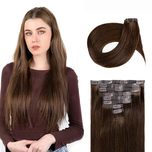 Clip in Hair Extensions Real Human Hair Chocolate Brown Seamless Clip In 100% Straight Remy Hair Extensions PU Skin Weft Add Volume for Women #4A 20Inch 120G 8PCS