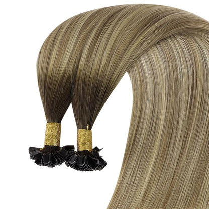 YoungSee K Tip Extensions Human Hair Balayage Brown K Tip Extensions Real Human Hair Dark Brown Ombre Brown Mix Blonde Fusion Hair Extensions Human Hair for Long Hair 22 Inch 50s/50g