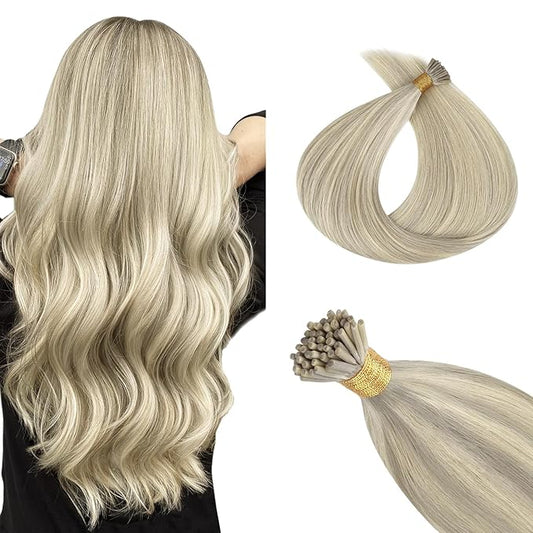 MAXITA I Tip Hair Extensions Human Hair,50g/50s Ash Blonde Highlighted Platinum Blonde 20 Inch Comfortable Wear, Invisible & Natural Cold Fusion, 100% Remy Human Hair Itip Keratin Hair Extensions