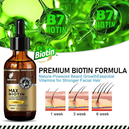Biotin Beard Oil for Men – Vanilla Scented Growth & Softening Oil with Castor, Vitamin B5 & Grape Seed – Leave-In Beard Conditioner for Coarse or Patchy Beards – Gift for Him – 2 oz