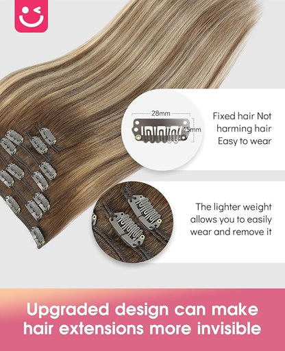 Youngsmile Human Hair Clip in Extensions, 16 Inch 120g 7Pcs Hair Extensions Clip in Balayage Chocolate Brown Mixed Caramel Blonde Human Hair Easy to Install,Thick End,Soft Silk (CLIP#4/27/4-16Inch)