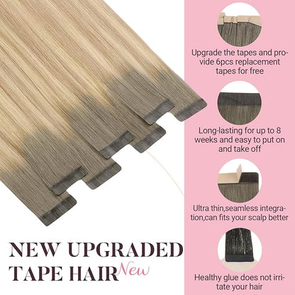 MAXITA Seamless Tape in Hair Extensions Human Hair, 100% Human Tape in Hair Extensions Light Ash Brown to Dirty Brown and Sun Blonde 14 Inch 50g 20pcs,Invisible Seamless Remy Tape for Extensions