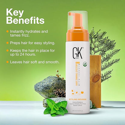 GK HAIR Global Keratin Volumizing Hair Styling Mousse (8.5 Fl Oz/250ml) -Enhances Curls Added Volume with Medium Hold & Boost Shine Moisturizing Blow Dry Frizz Control Foam for All Hair Types -Unisex