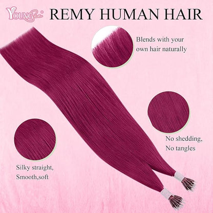 YoungSee Nano Ring Hair Extensions Magenta Nano Human Hair Extensions Burgundy Nano Bead Hair Extensions Human Hair Colorful Nano Hair Extensions Colored Nano Tip Hair for Role Playing 25s 25g 20inch