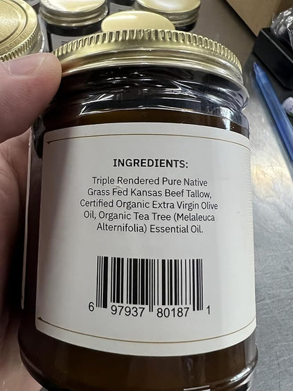 Beef Tallow Balm - 8 oz - Made in USA - Organic Grass Fed and Finished - Moisturizing Skin Care Tea Tree