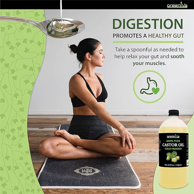 GreenIVe Castor Oil Organically Grown 100% Pure 32oz Bottle Cold Pressed, Hexane Free, Eyelash and Eyebrow Growth Serum, Skin Moisturizer Detox and Wraps