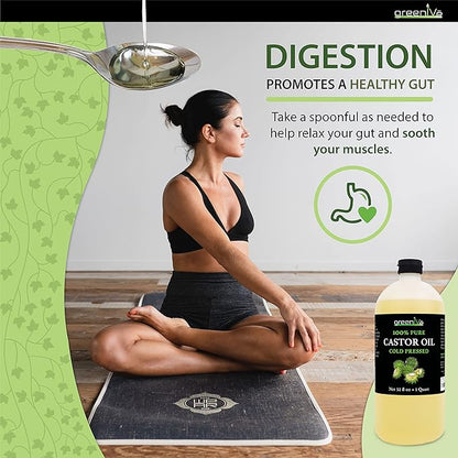 GreenIVe Castor Oil Organically Grown 100% Pure 32oz Bottle Cold Pressed, Hexane Free, Eyelash and Eyebrow Growth Serum, Skin Moisturizer Detox and Wraps