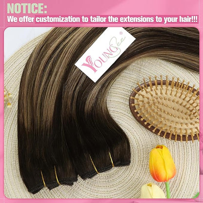 YoungSee 120G Wire Hair Extensions Brown Invisible Wire Human Hair Extensions Dark Brown Fading To Caramel Blonde Mix Brown Balayage Straight Hair Extensions Wire 16Inch