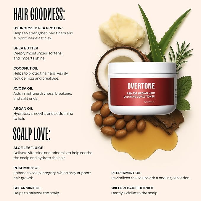 Overtone Color Depositing Semi-Permanent Hair Dye Conditioner - 8 oz For Natural & Color-Treated Hair, Moisturizing Shea Butter & Coconut Oil - Vegan & Cruelty-Free, Red For Brown is now Scarlet Red