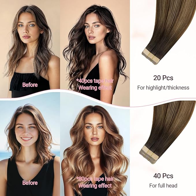 MAXITA Tape in Hair Extensions Human Hair, Real Remy Straight Tape in Extensions, Ash Dark Brown to Warm Brown and Light Chestnut Brown Skin Weft Hair Extensions 24 Inch 50g 20pcs