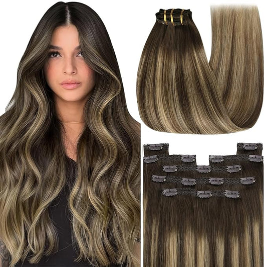 YoungSee 135g Clip in Human Hair Extensions Balayage Human Hair Clip in Extensions Balayage Chocolate Brown Mix Caramel Blonde Clip on Real Hair 16inch
