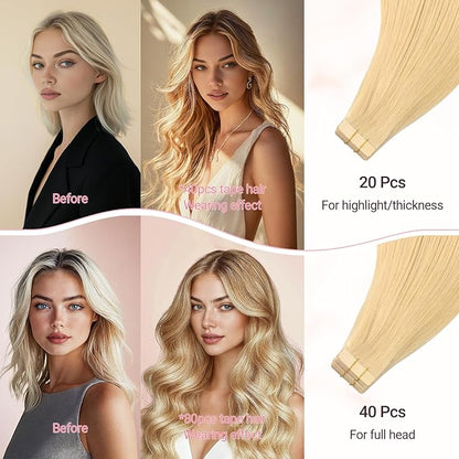 MAXITA Human Hair Tape in Extensions, Tape in Hair Extensions Real Human Hair Light Blonde 14 Inch 20pcs 50g Real Skin Weft Straight Natural Human Hair Extensions