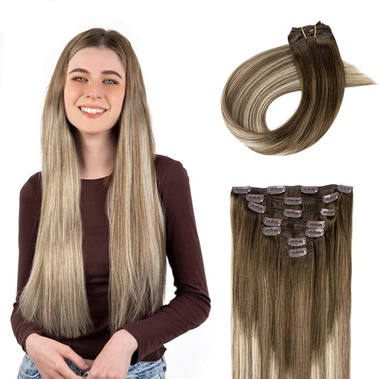 Clip in Hair Extensions Real Human Hair, Silky Straight Remy Hair Extensions for Women, Balayage Walnut Brown to Ash Brown and Bleach Blonde #3TP8/613 22Inch 120G 7PCS