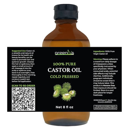 GreenIVe Castor Oil Organically Grown 100% Pure 8oz Glass Bottle Cold Pressed, Hexane Free, Eyelash and Eyebrow Growth Serum, Skin Moisturizer Detox and Wraps