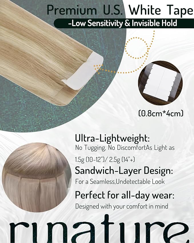 RUNATURE Tape in Hair Extensions Human Hair Blonde 18 Inch Tape in Extensions Human Hair, Blonde Highlights Real Remy Hair, Straight Silky Tape Ins Extensions, Long Lasting,No Shedding, 50g 20pcs