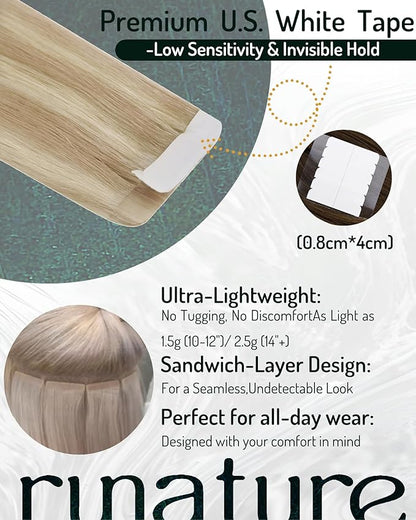 RUNATURE Tape in Hair Extensions Human Hair Blonde 18 Inch Tape in Extensions Human Hair, Blonde Highlights Real Remy Hair, Straight Silky Tape Ins Extensions, Long Lasting,No Shedding, 50g 20pcs