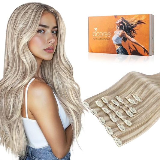 DOORES Clip in Hair Extensions Real Human Hair, Soft Honey Blonde Highlight Platinum Blonde 18 Inch 120g 7pcs, Remy Extensions Clip ins Silky Straight Thick Weft