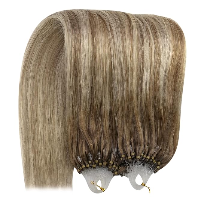 YoungSee Micro Link Hair Extensions Human Hair Ombre Microloop Hair Extensions Human Hair Balayage Light Brown with Blonde Bead Hair Extensions Real Human Hair for Long Hair 24 Inch 50s 50g