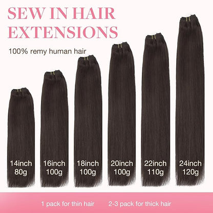 GOO GOO Sew in Hair Extensions Real Human Hair, Weft Hair Extensions Human Hair, 2A Light Brown 20inch 105g, Weft Bundles Straight Silky Remy Hair
